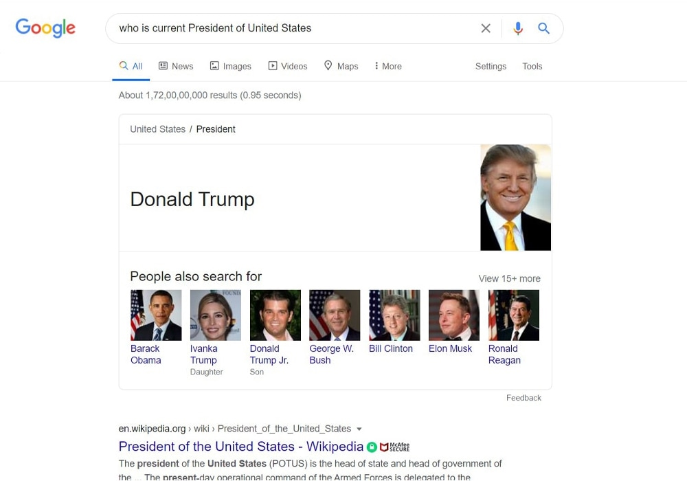 Voice search result for president of  USA