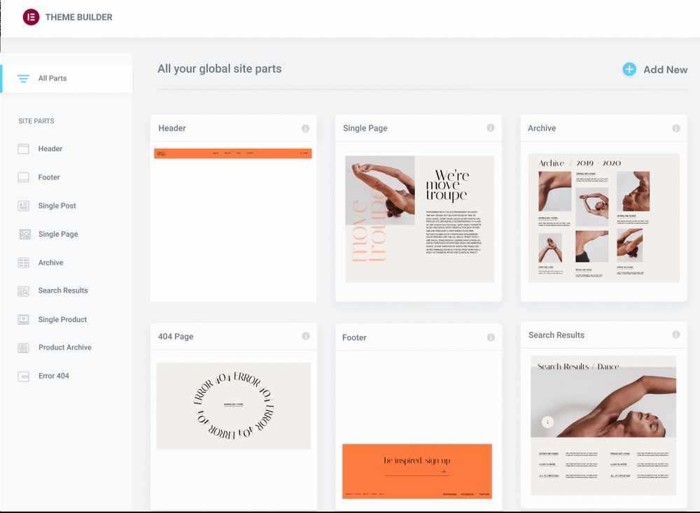 Elementor theme builder parts