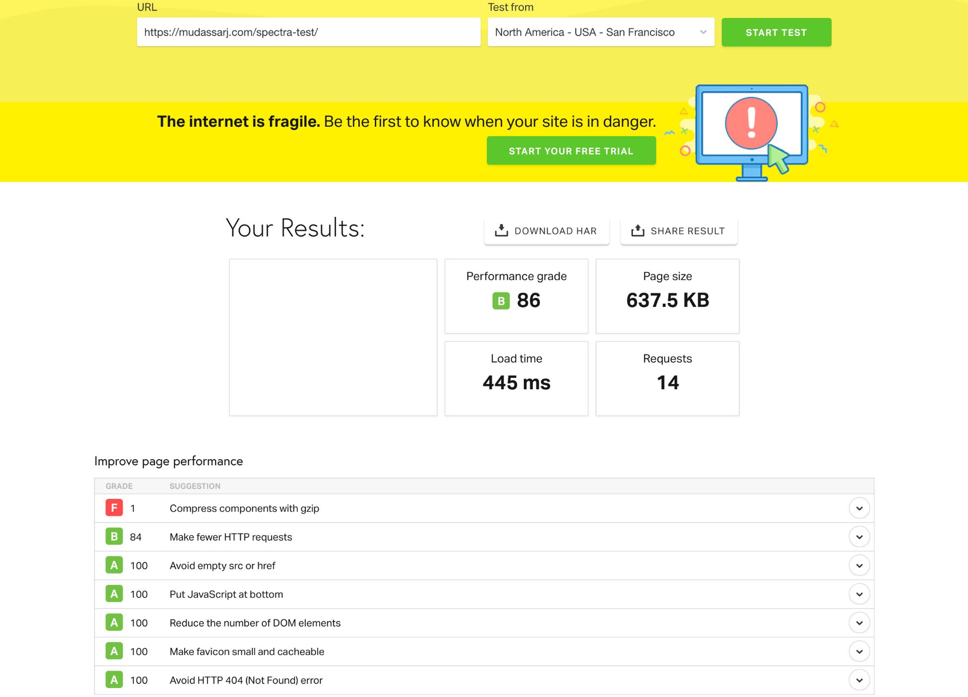 spectra test page speed test pingdom