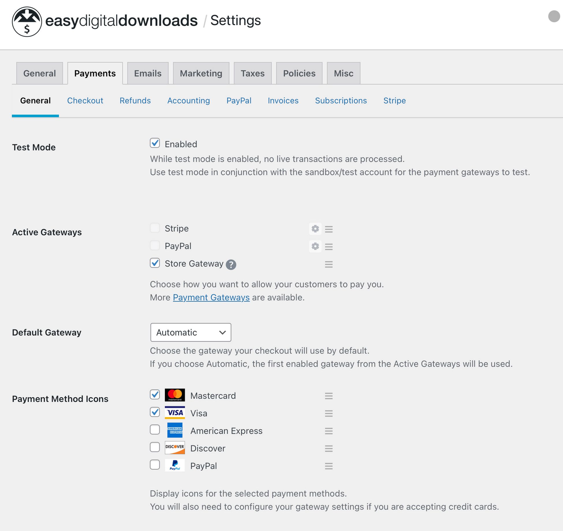 Easy digital downloads settings area