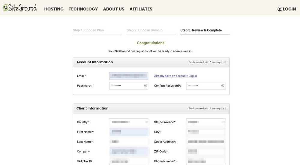 fill in your details in siteground