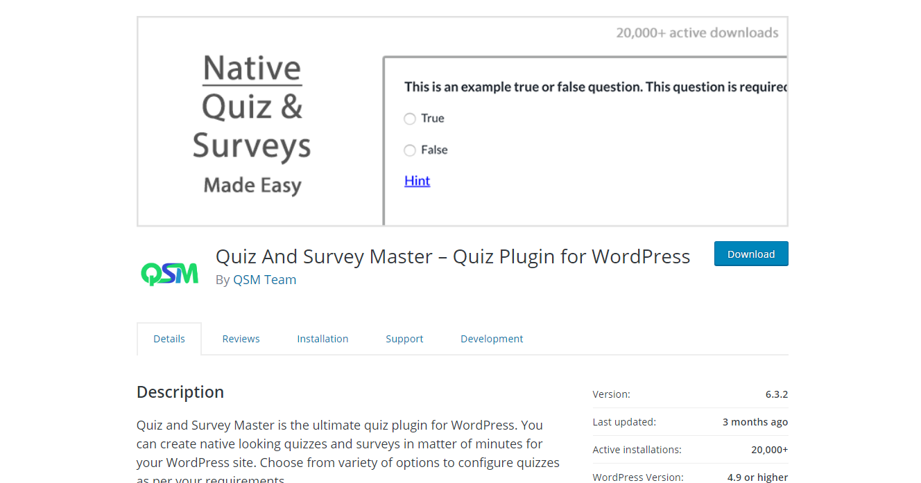 Quiz and Survey Master quiz plugin for WordPress