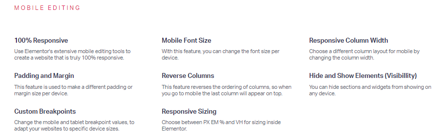 elementor mobile editing features including responsiveness
