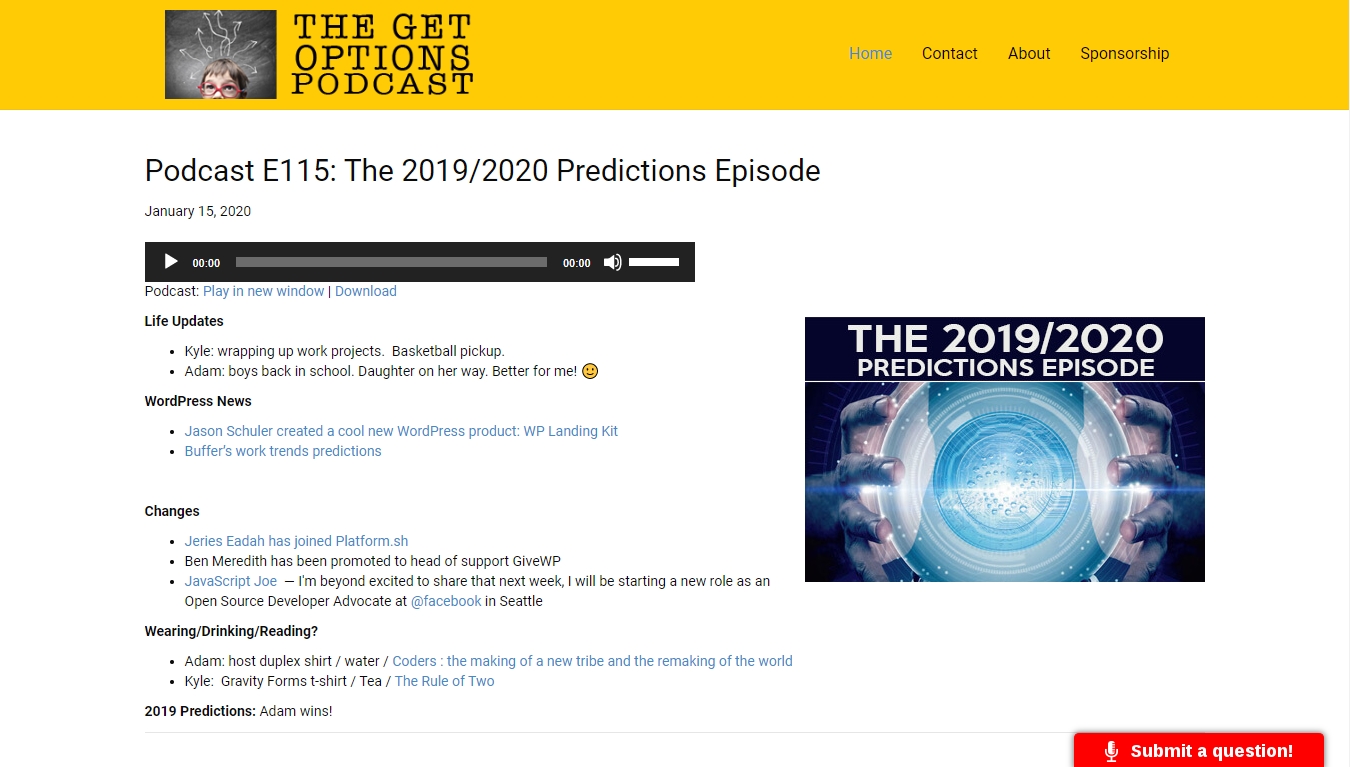 The Get Options Podcast homepage with the latest episode posted