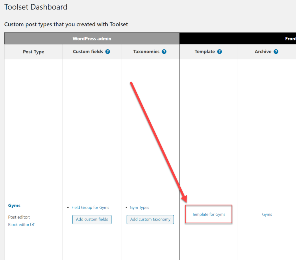 Toolset dashboard screenshot instructions