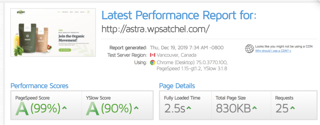 WP Rocket speed test results with  2.5s load time