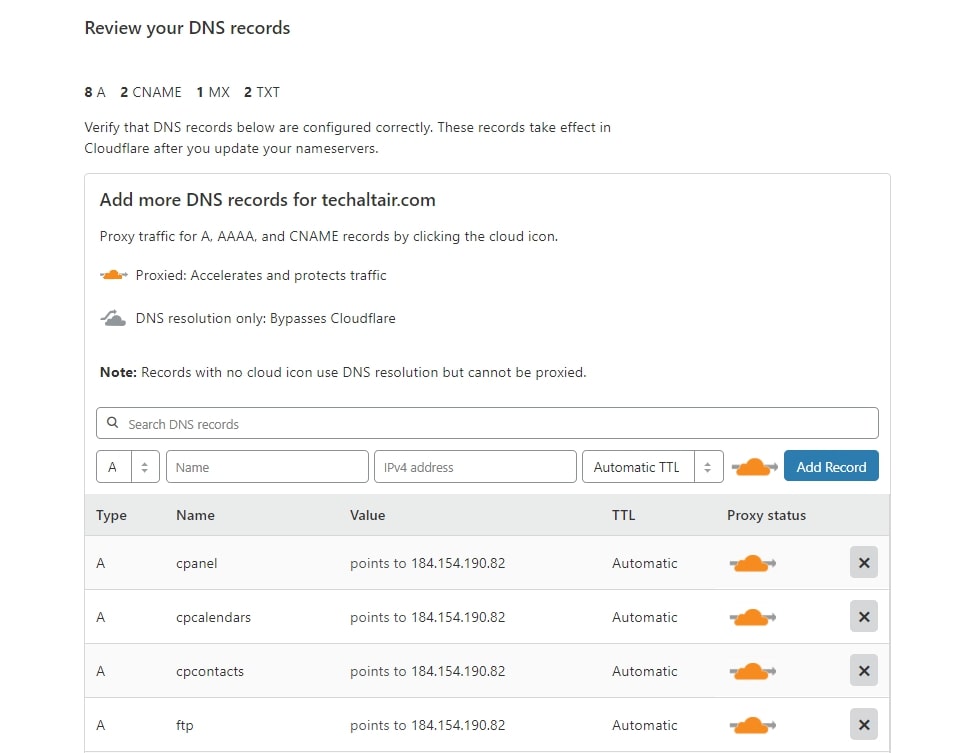 Configuring DNS records on Cloudflare