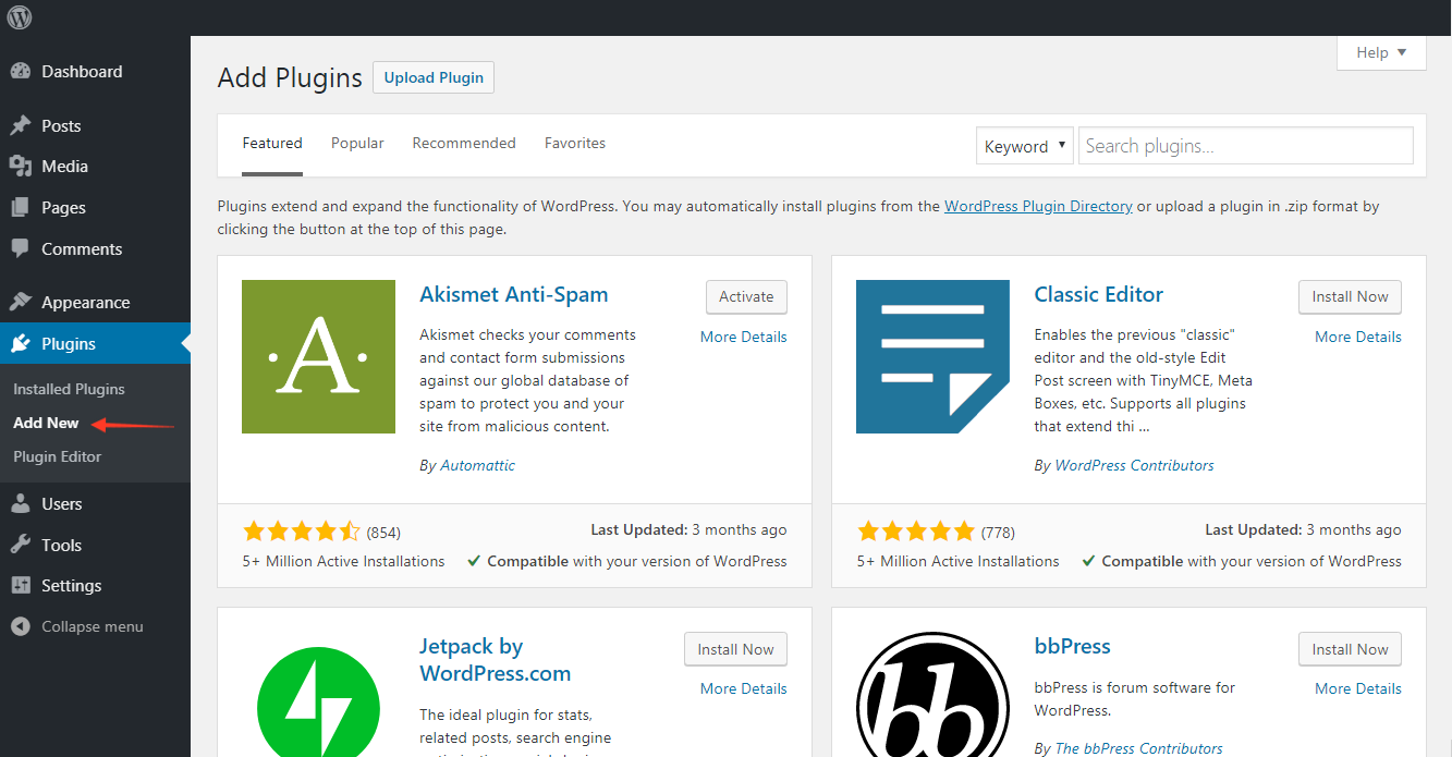 Location of add new plugin on WordPress dashboard