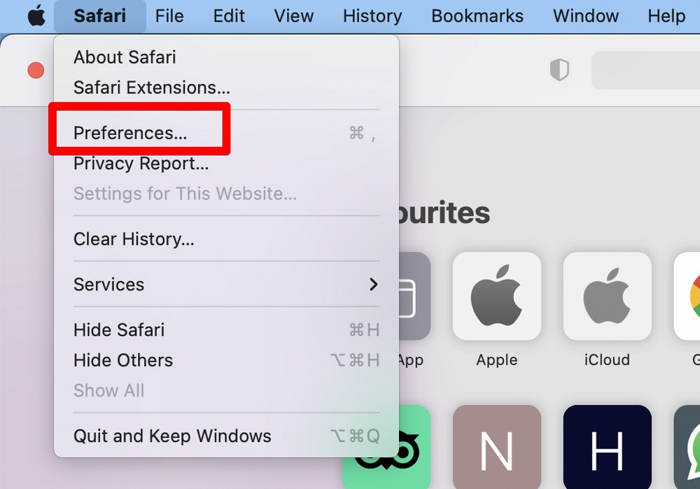 safari menu click preferences