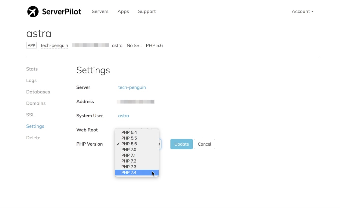 selecting php version on serverpilot