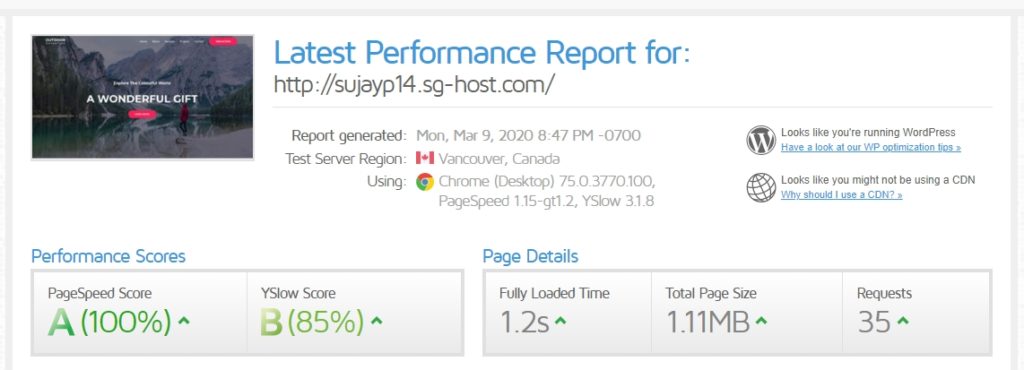 Speedtest results of Astra test page after WP Fastest Cache