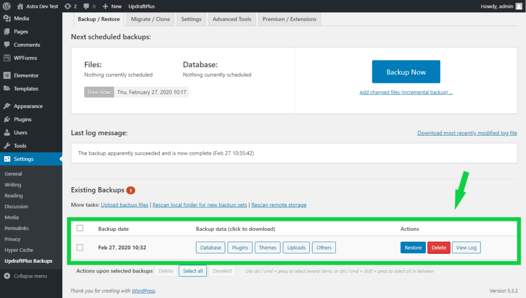 Existing backups shown in UpdraftPlus