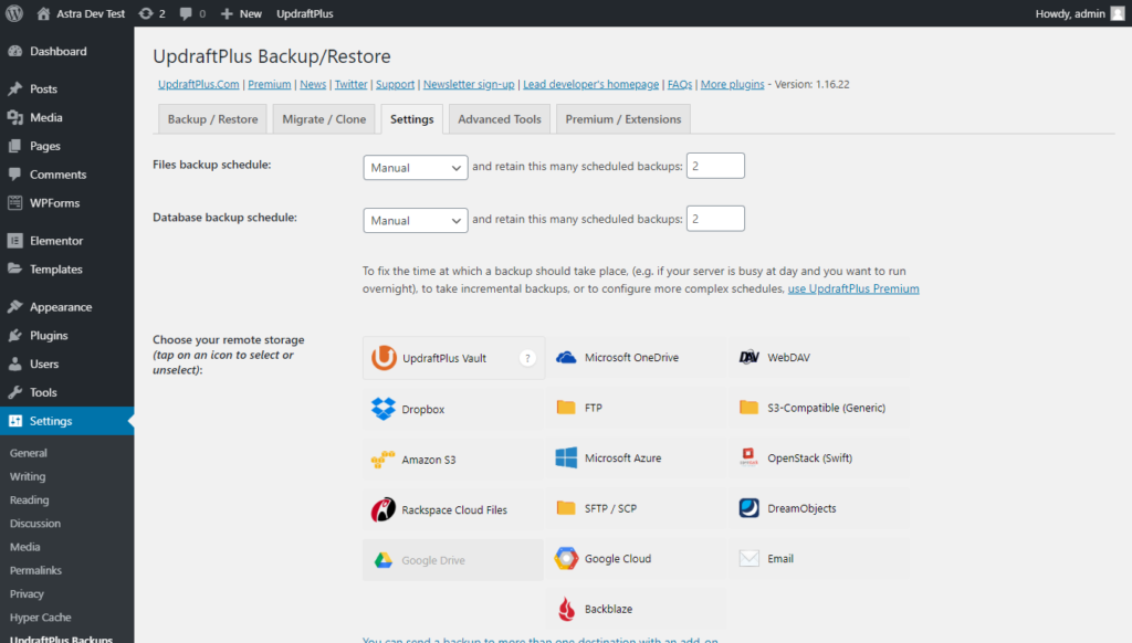 UpdraftPlus settings page tab on WordPress backend