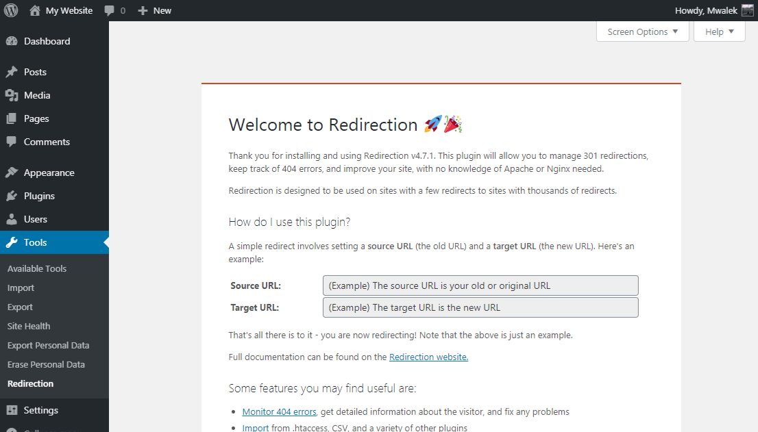 Redirection plugin welcome screen