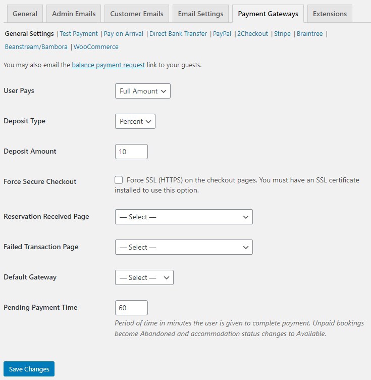 Setup payment options and geteways