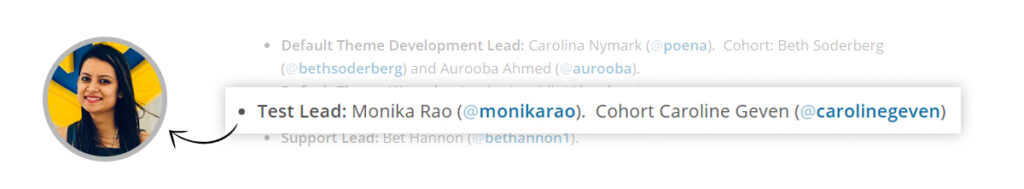 Monika Rao as Test Lead for WordPress 5.6