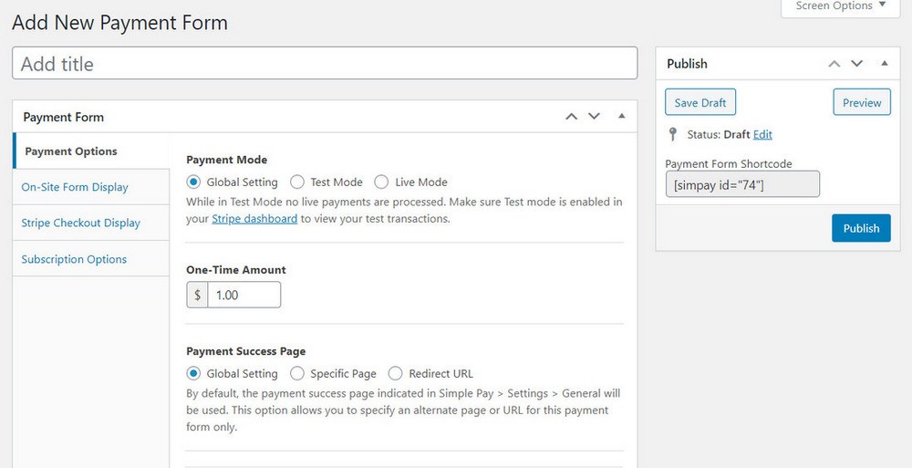 WP Simple pay lite payment form options