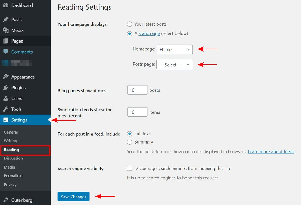 WordPress reading settings