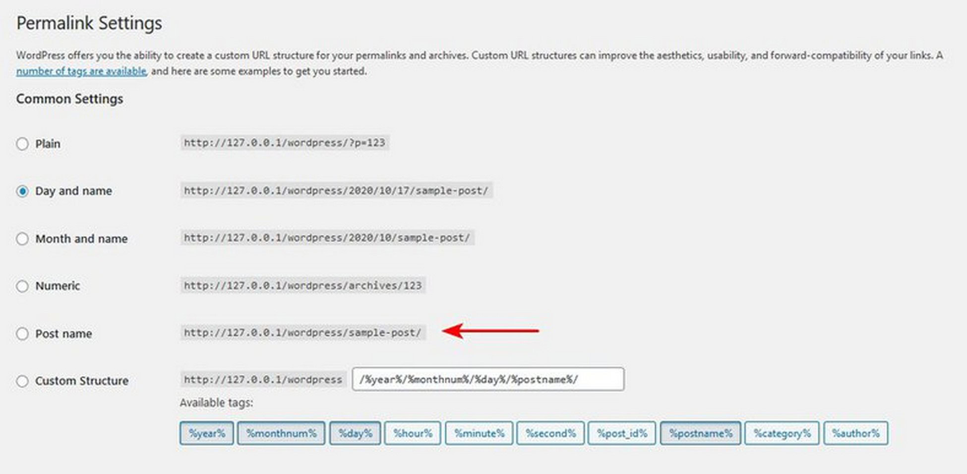 Wordpress permalink setting