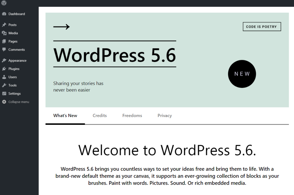 WordPress 5.6 What's New Screen