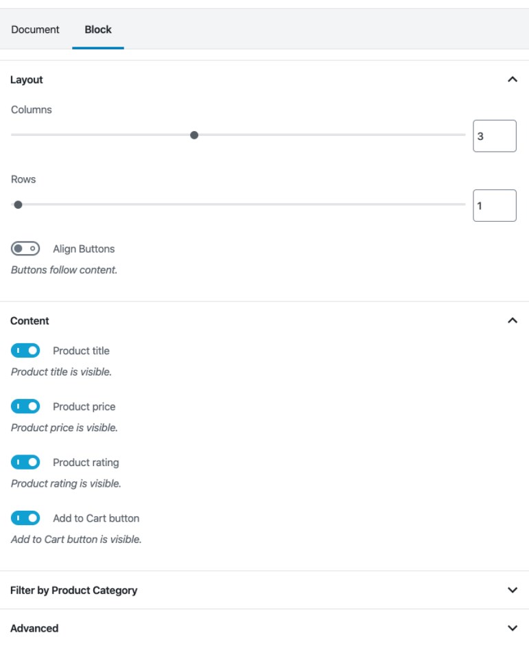 WooCommerce block settings