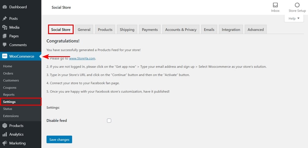 WooCommerce social shop settings