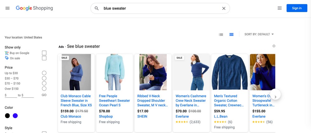 Google shopping search results