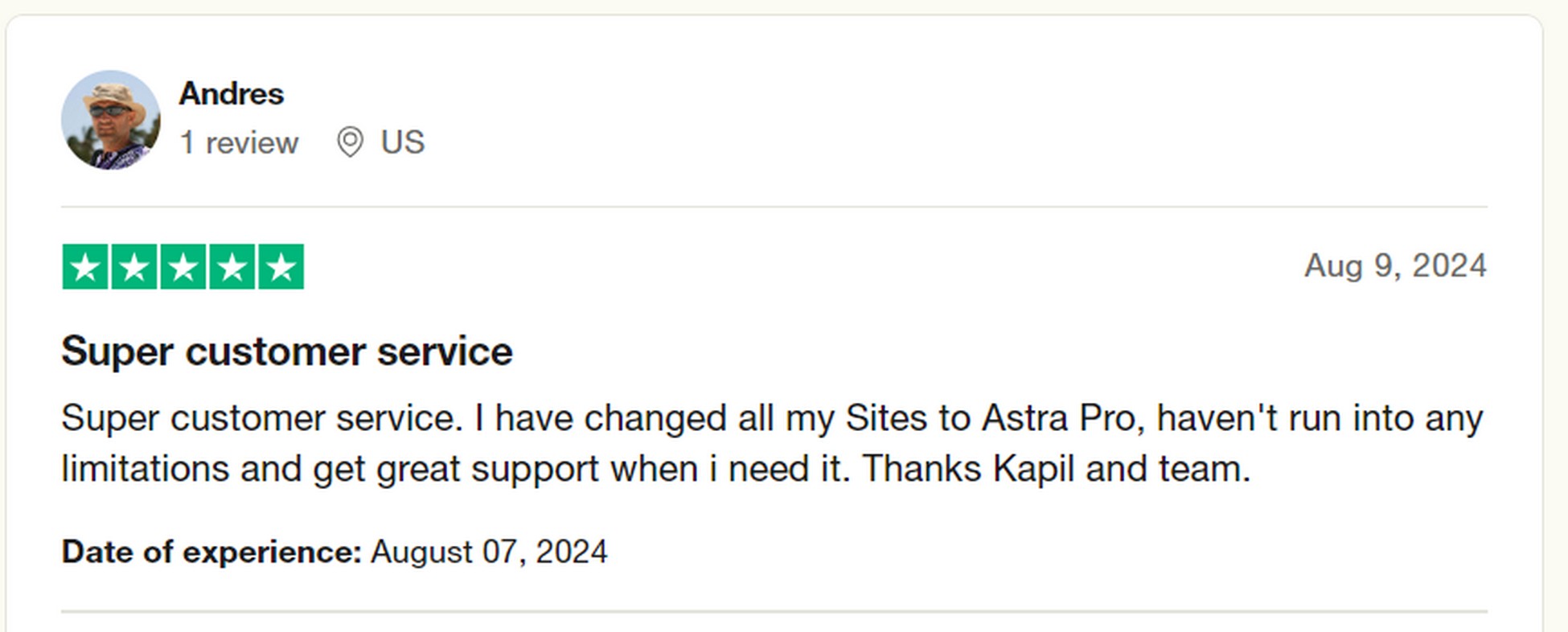 astra pro testimonial from trustpilot