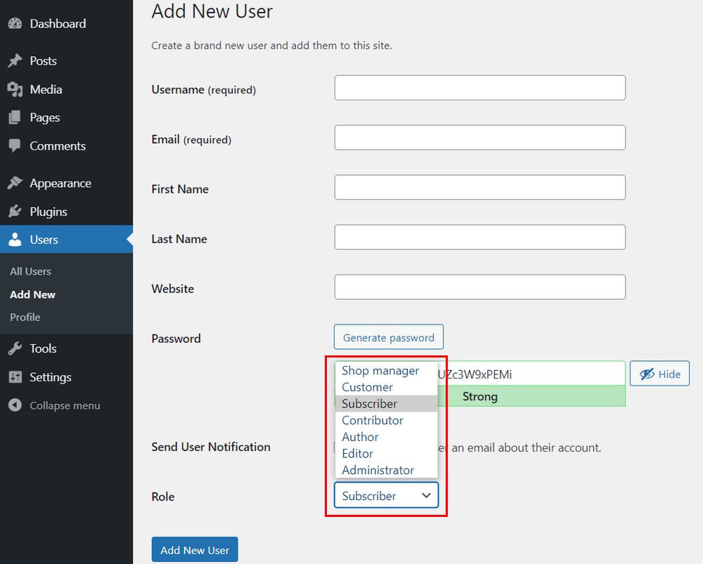 WordPress default user roles