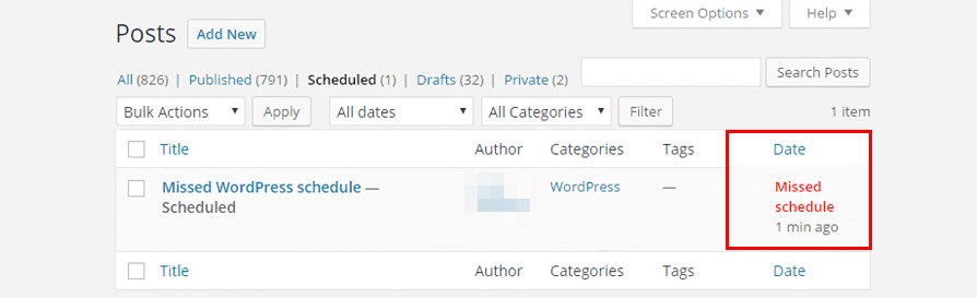 WordPress missed schedule post error