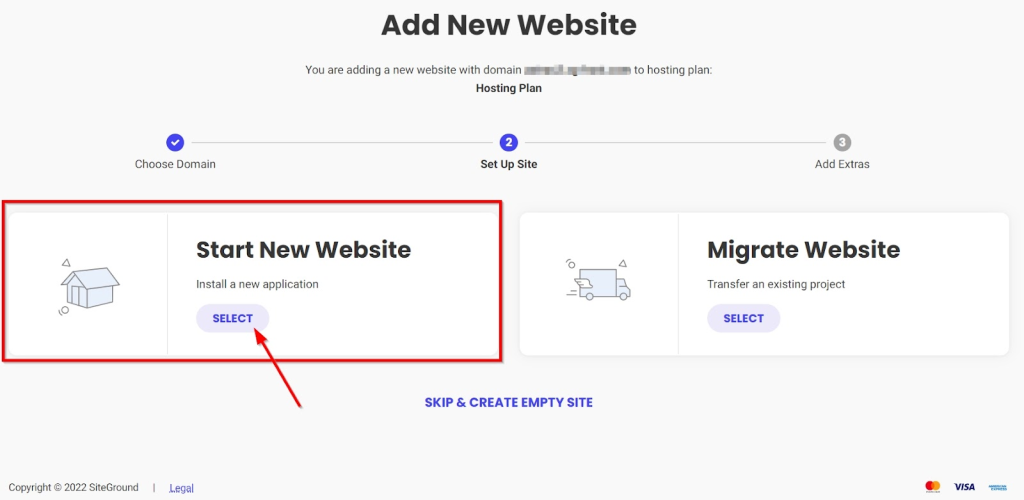 select start new website in SiteGround dashboard