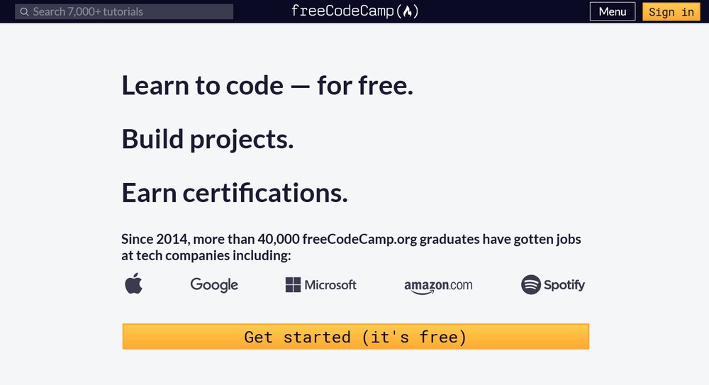 freeCodeCamp homepage