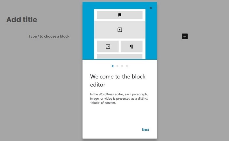 WordPress Gutenberg welcome screen