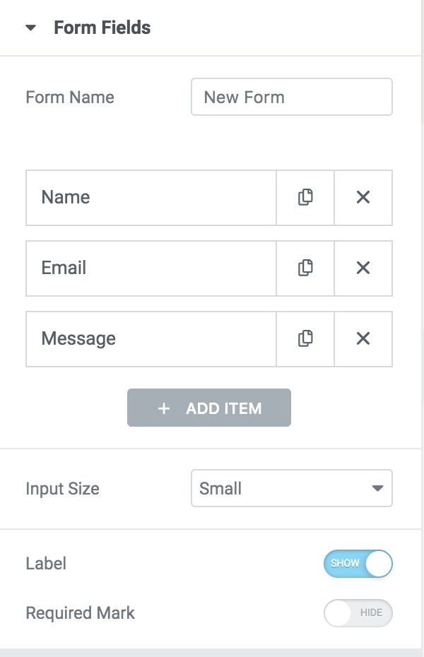 Elementor Form widget settings