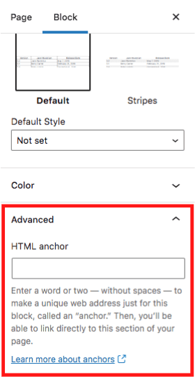 Gutenberg HTML anchor