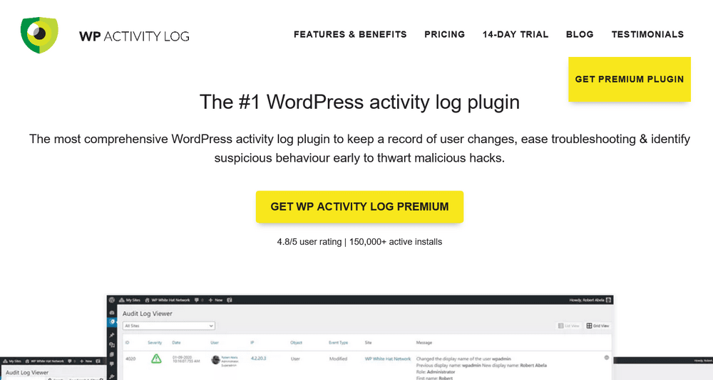 WP activity log plugin page