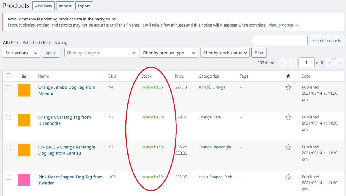 Imported WooCommerce product data