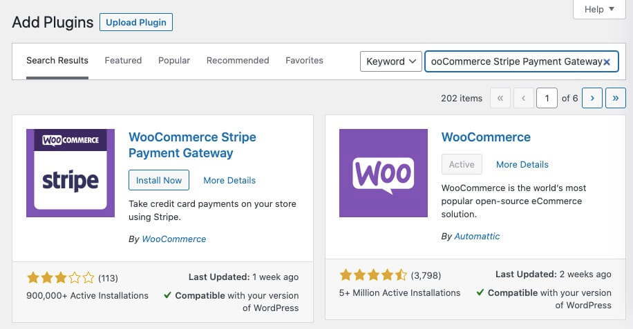 Search for Stripe WooCommerce plugin