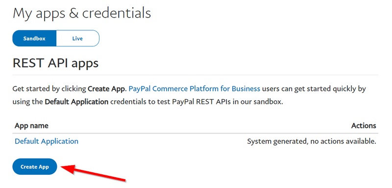 create sandbox rest api app paypal
