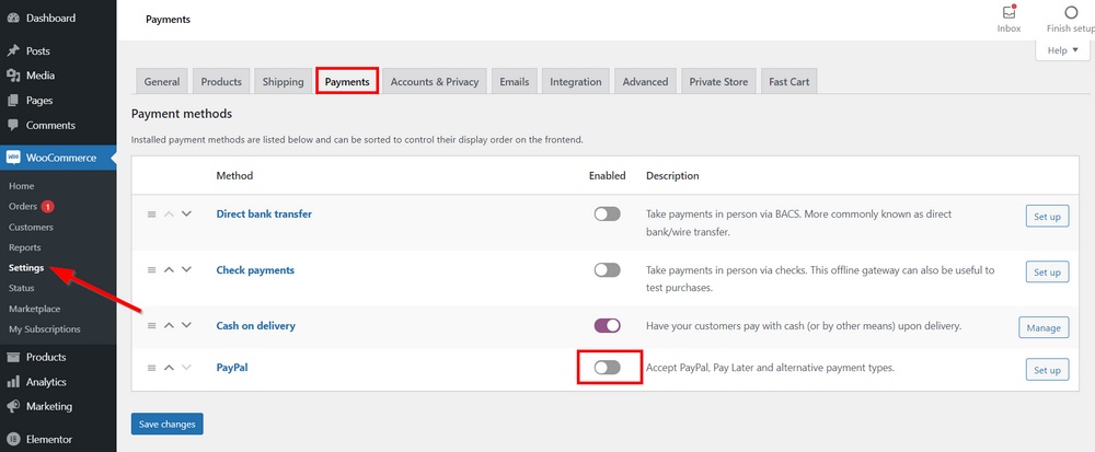 enable paypal payment method in woocommerce