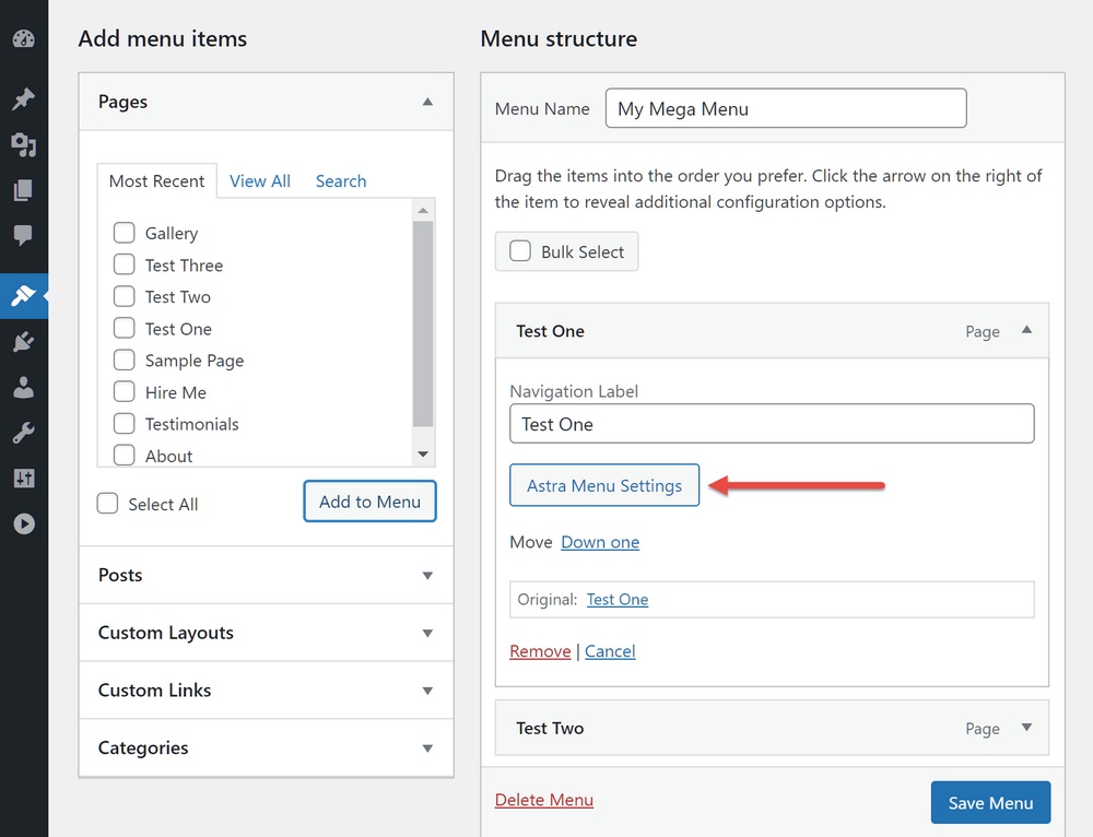 Astra Menu Settings