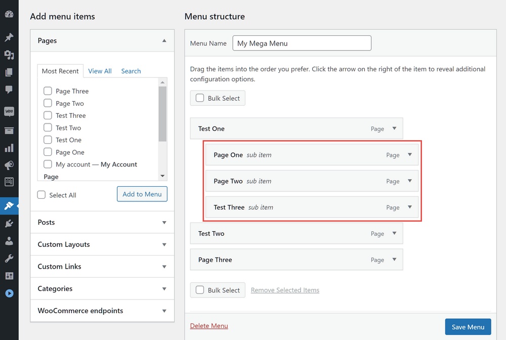 Mega menu structure settings