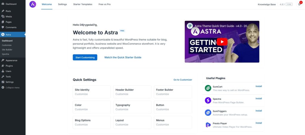 Astra Dashboard page