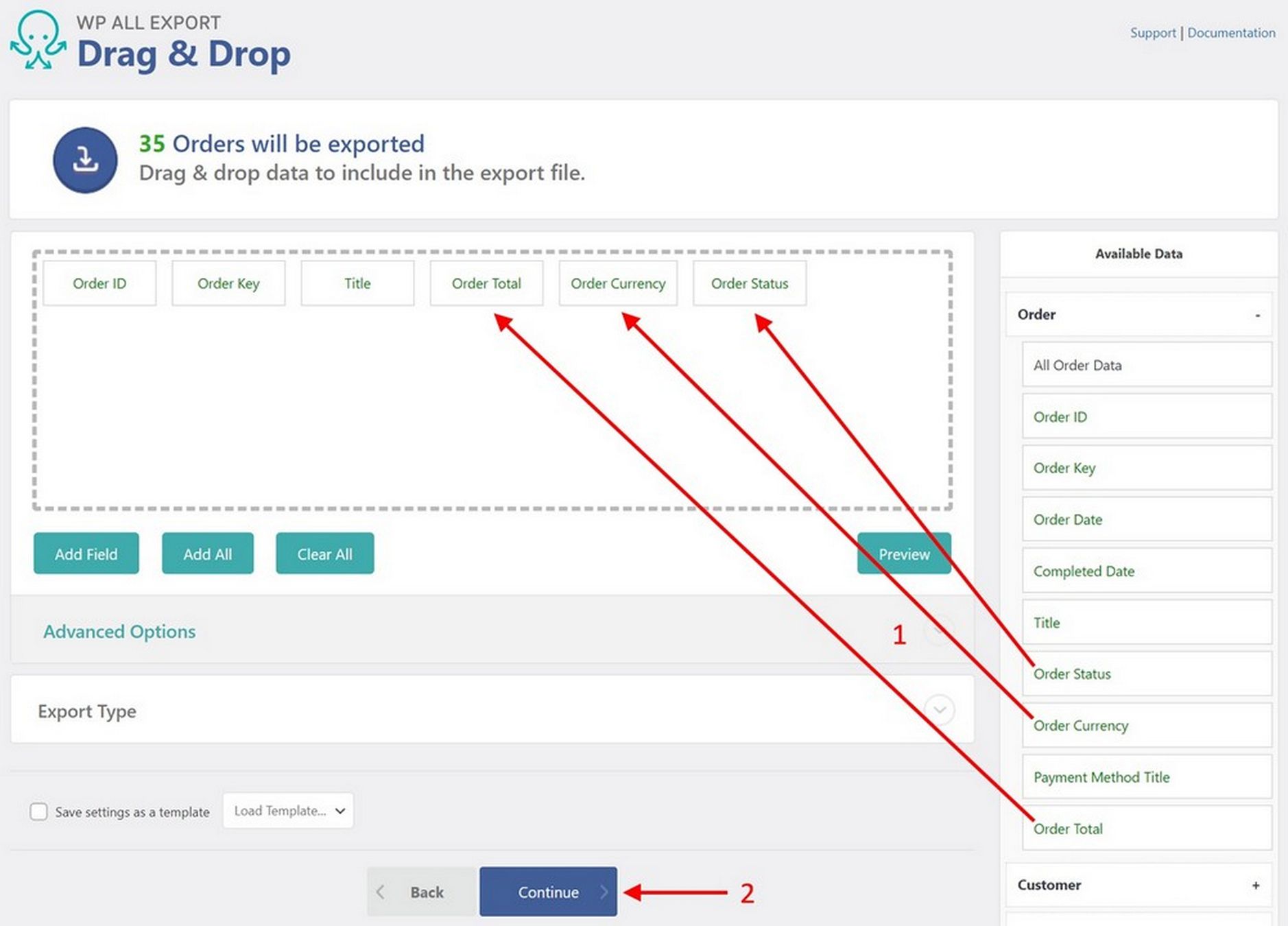 WP all export drag and drop screen