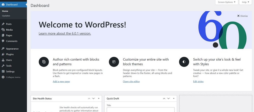 wordpress admin area