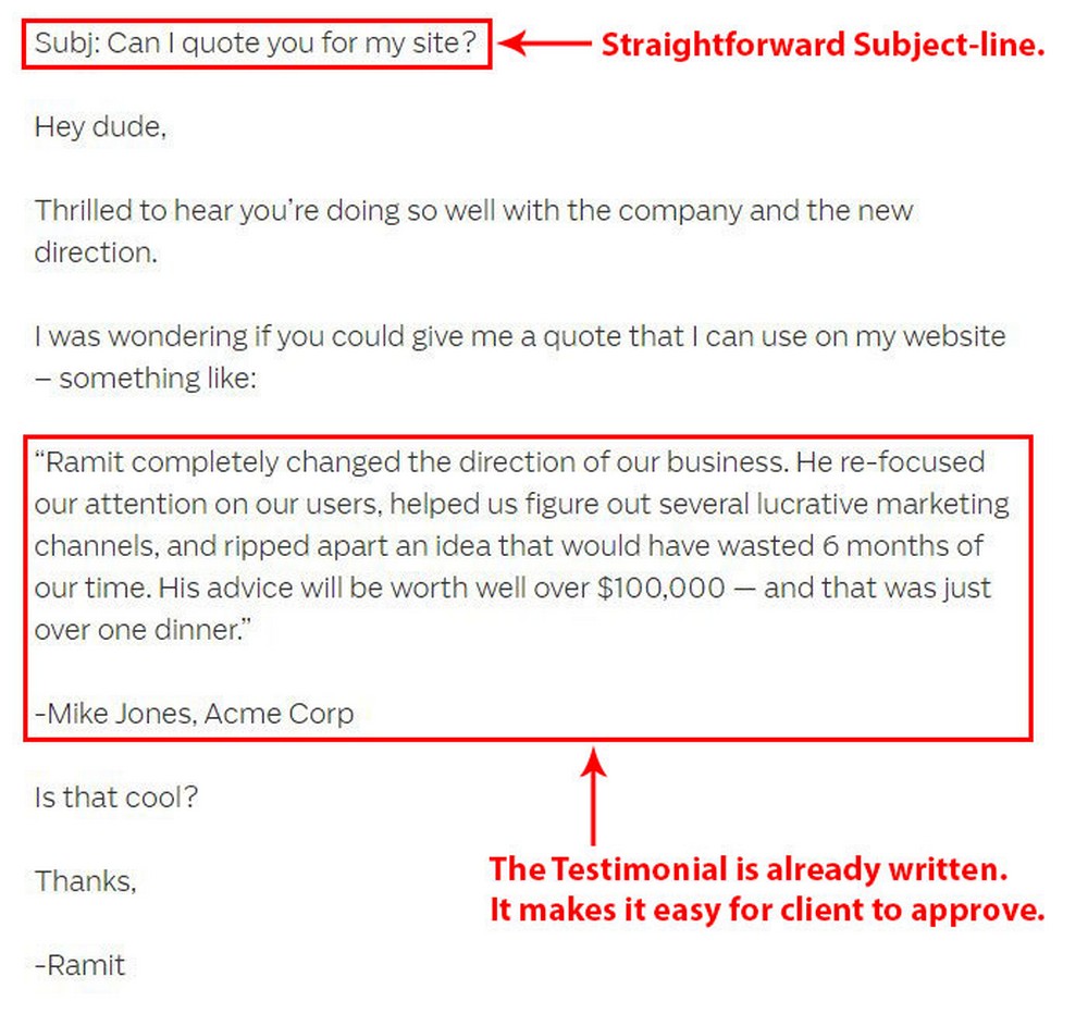 Testimonial mail with already written testimonial