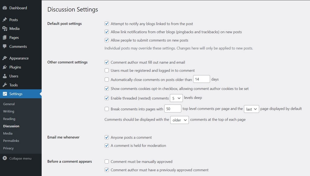 wordpress discussion settings