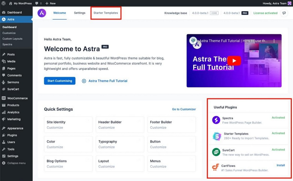 Astra Starter Templates and useful plugins