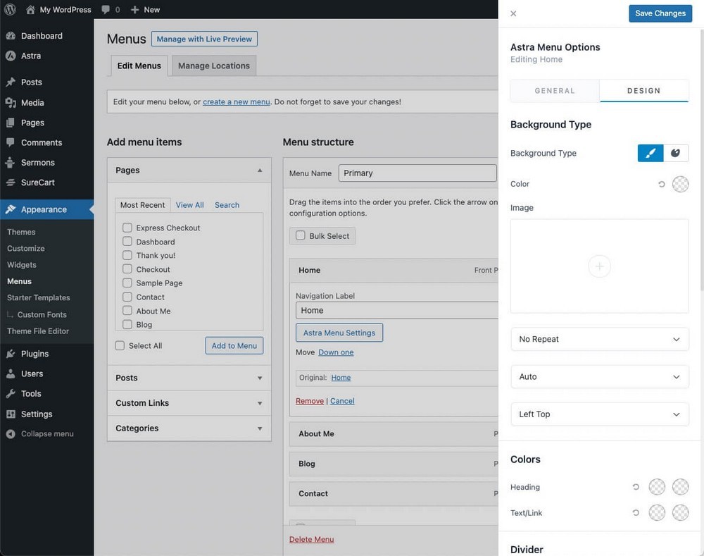 New Astra mega menu settings