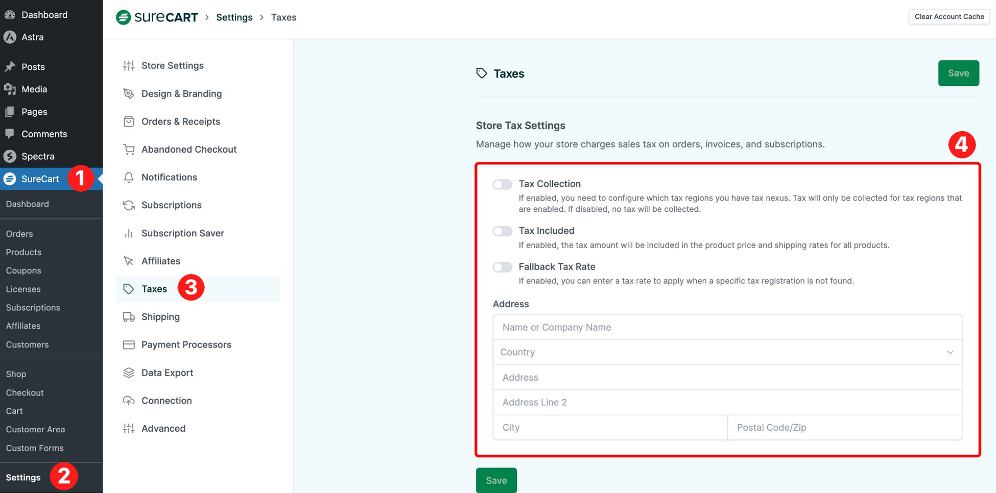 surecart tax configuration page